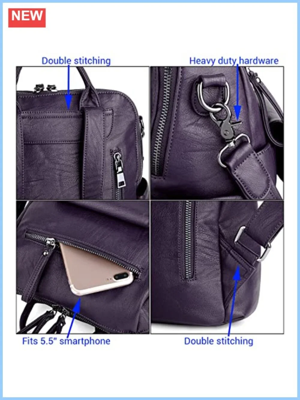 Women's 3-Way Convertible PU Leather Backpack Purse Laptop Shoulder Bag Rucksack